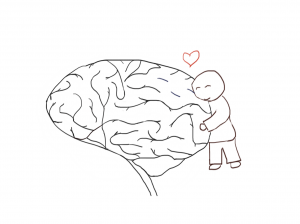 a sketch of a figure hugging a brain