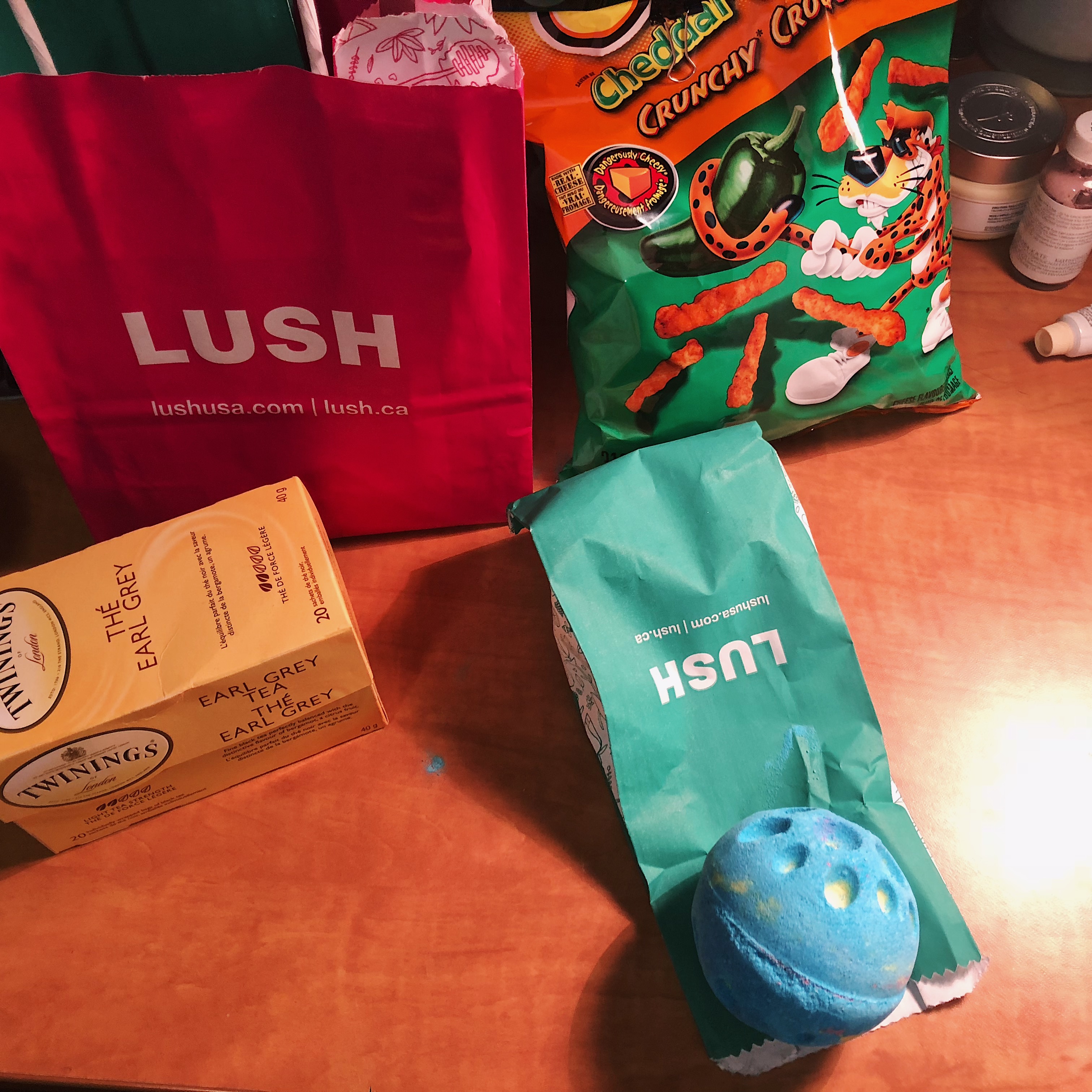 Reading week essentials- lush bath products, tea, and snacks