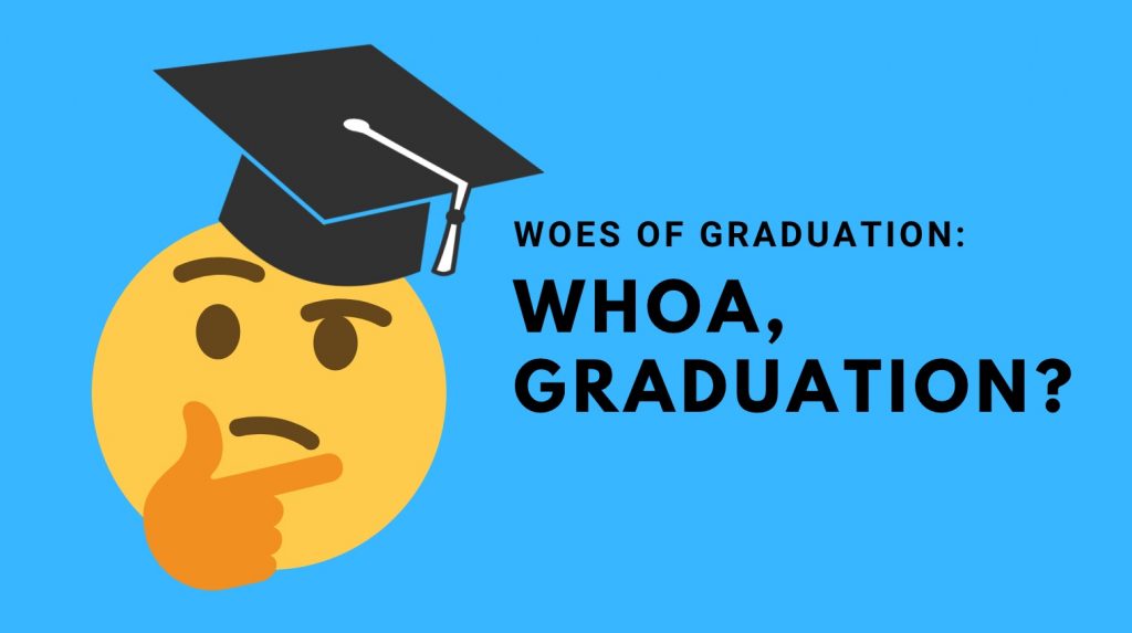 Woes of Graduation: Whoa, Graduation? blog banner with thinking emoji wearing a grad cap