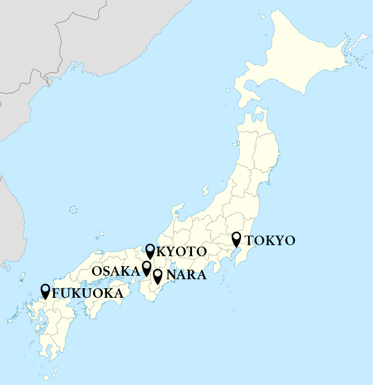 A map of Japan, with markers on Kyoto, Nara, Osaka, Fukuoka, and Tokyo.