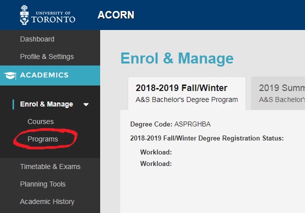 A screenshot of how to get to the program enrollment page via ACORN. Caption: Click here