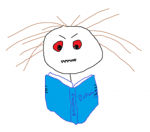 A bad drawing of a stick figure reading a blue dictionary. The person has red eyes, and sharp teeth, and looks very angry.
