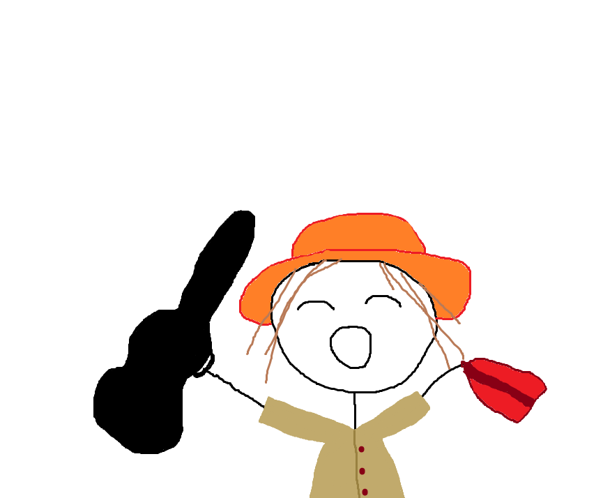 A sketch of a person holding a guitar case in one hand and a red bag in the other, wearing an orange hat. It is a sketch of the scene from The Sound of Music movie, where Julie Andrews sings "I Have Confidence".