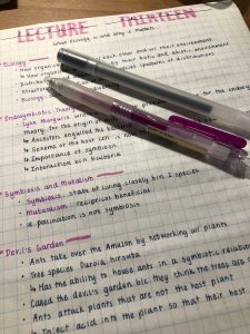 Handwritten notes and some pens 