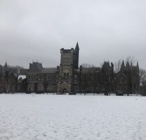 The main UC building from the other end of King's College Circle during winter.