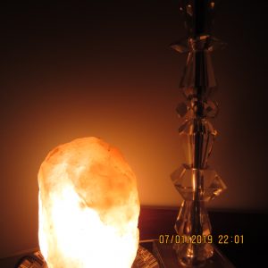 A salt lamp at night.