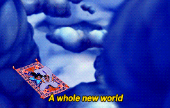 A gif of two people flying on a magic carpet, captioned "A whole new world"