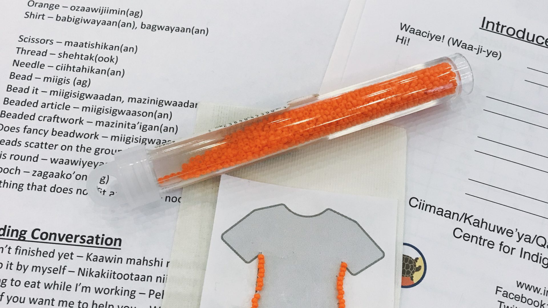 Orange beaded shirt and Anishinaabemowin language exercises