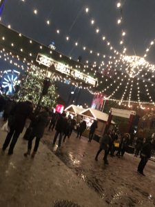 A picture of the Distillery District with many lights put up for the Christmas Market
