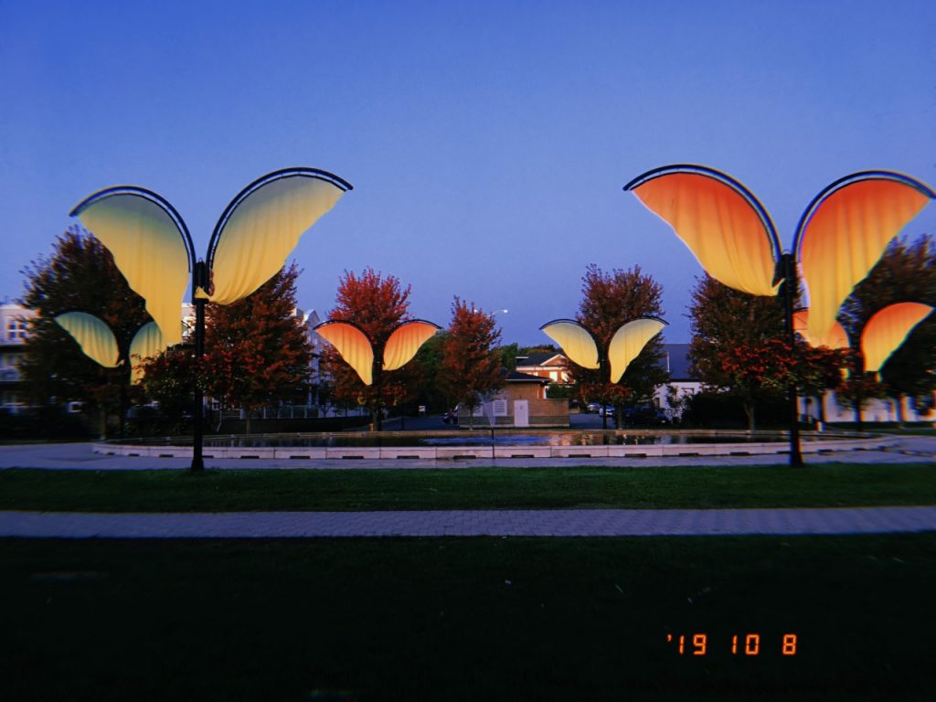 Filtered landscape photograph of a fountain in a park surrounded by banners shaped as wings