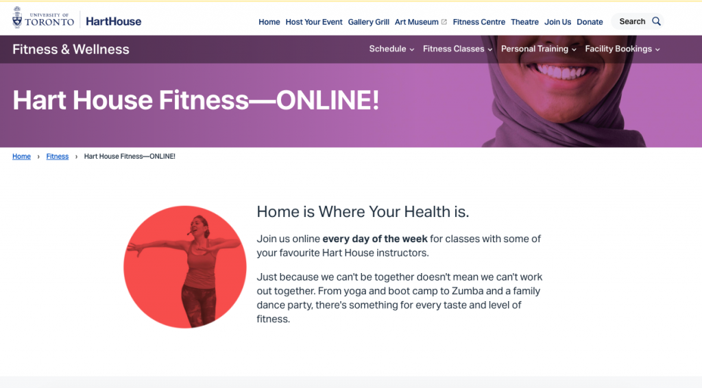 A screenshot from the Hart House online fitness class website.