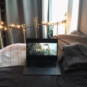 Laptop with movie playing.