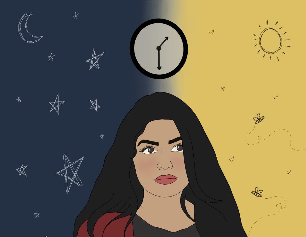 Digital art of a girl with the background split up into night and day