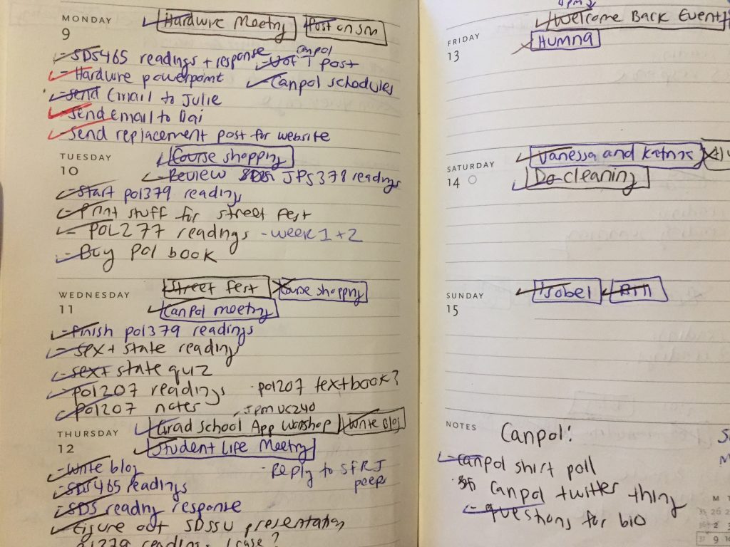 A picture of a planner filled with multiple events