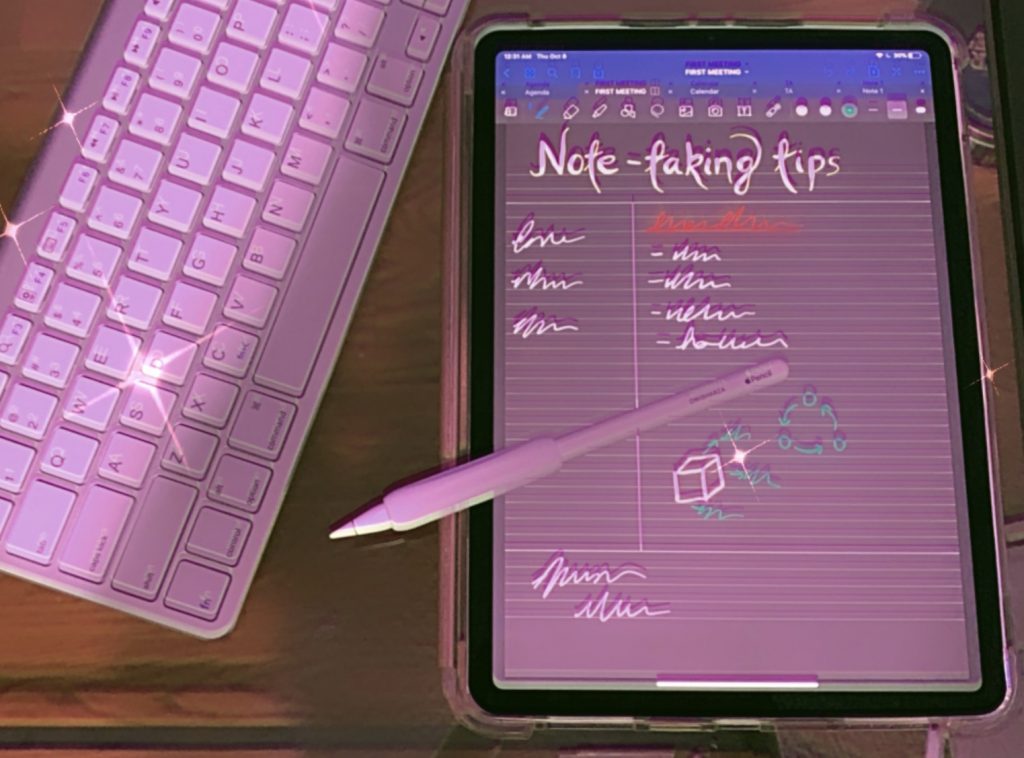 iPad Pro, apple pencil, and white bluetooth keyboard