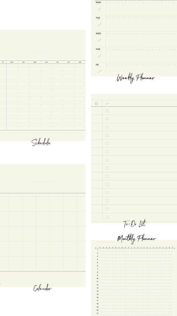 Collage of five different planner templates offered in GoodNotes 5
