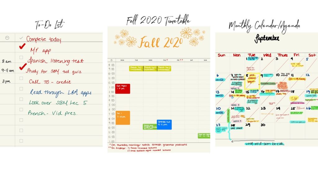 Collage of three planner templates I use most (to-do list, timetable, calendar)
