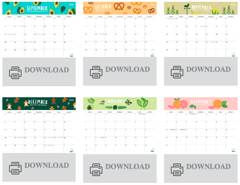 Screenshot of some of the downloadable monthly “foodie calendars” from imom.com
