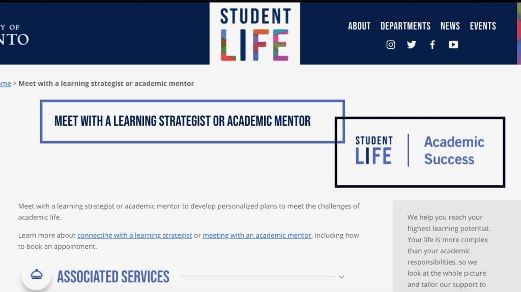 A picture of the Student Life learning strategist website