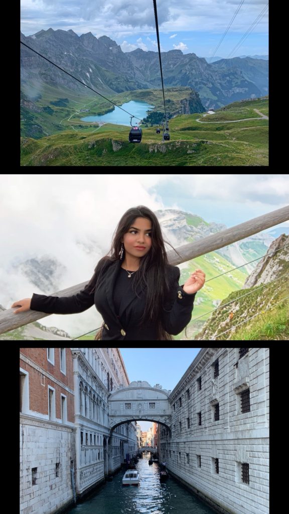 Collage of pictures with first two being at Mount Pilatus and last one at Venice 