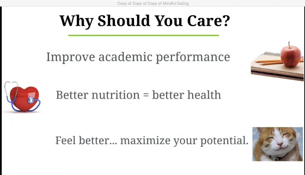 This powerpoint slide states "why should you care?"

Answers are "Better nutrition = better health" and "feel better...maximize your potential"

Picture of a cat, an apple with a stethoscope and an apple of a notebook