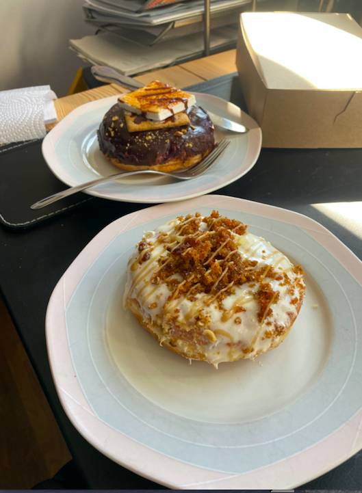 A picture of two donuts from Dipped, one smores flavour and one carrot cake