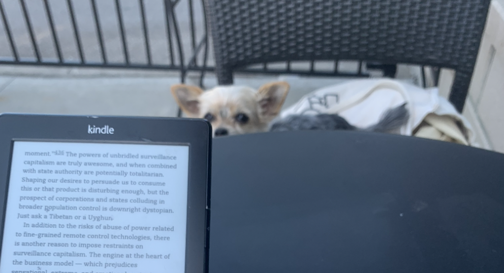 a dog looking over a table with an e-reader on it