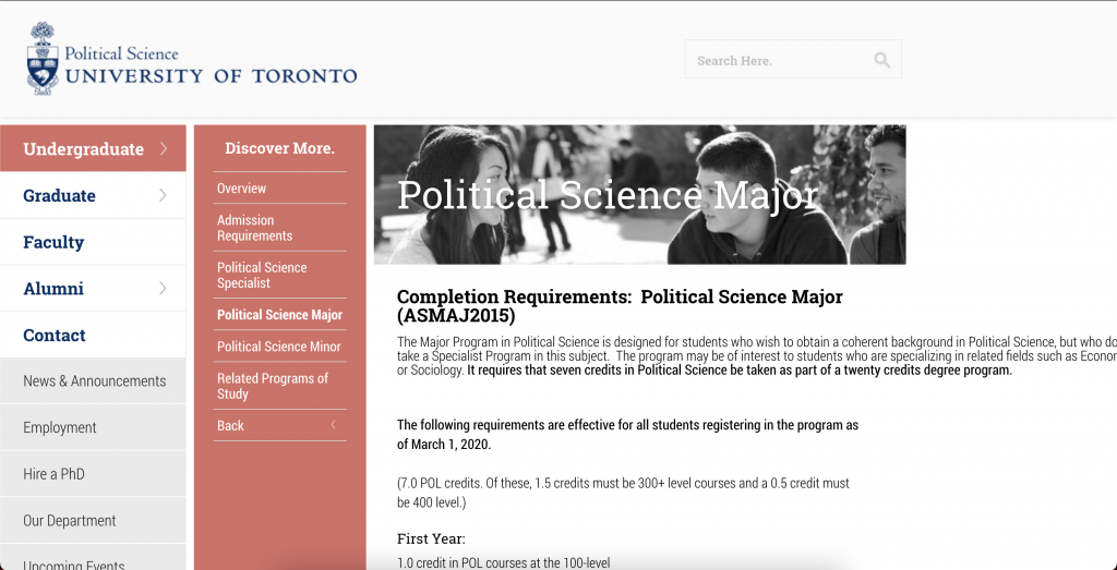 screenshot of the page declaring requirements expected of political science majors on the department website