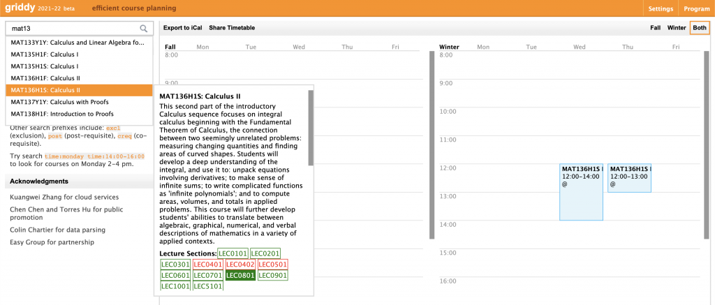screenshot of griddy.org with a math course being added into a timetable