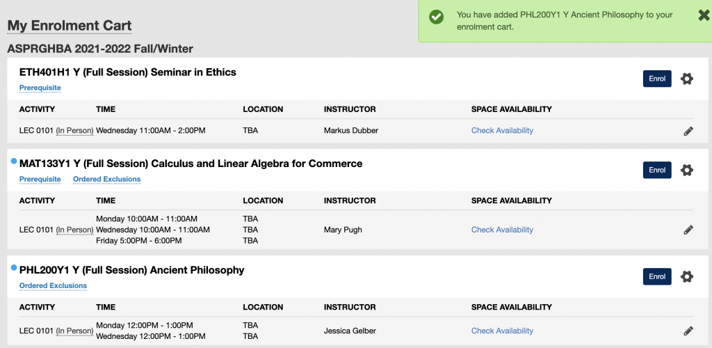 screenshot of the ACORN page showing three courses in my enrolment cart