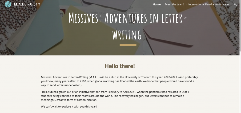 screenshot of the Missives club's site
