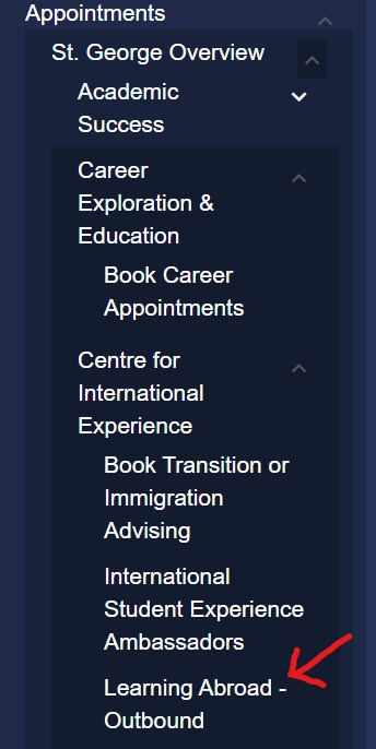 screenshot of options for university student services