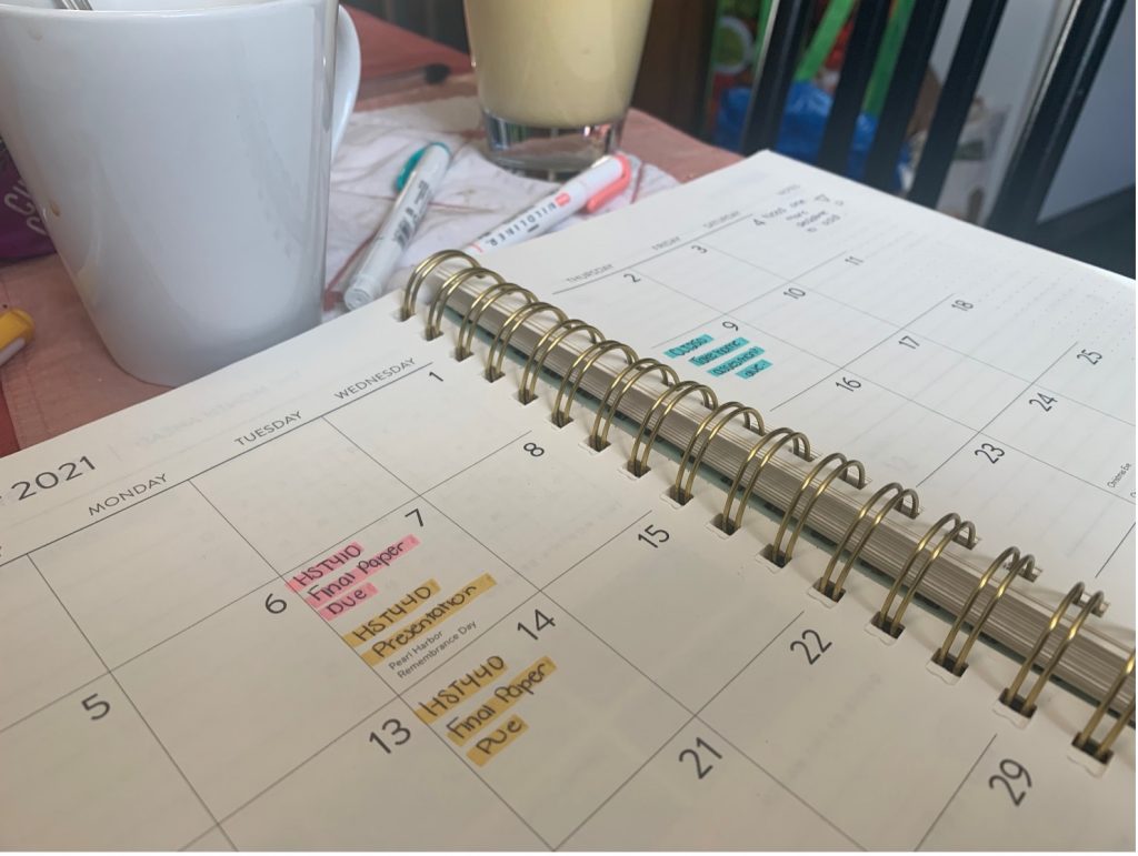 Month-View of December 2021 with organized and colour-coded deadlines. 
