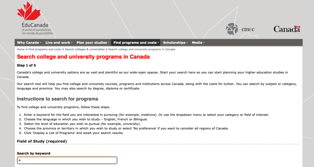 Search engine for college and university programs in Canada via Edu Canada - details on how to search for programs and the instructions for the search engine. 