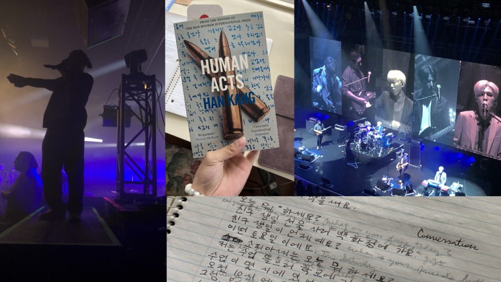 collage of Korean book, concert, and korean language study in notebook