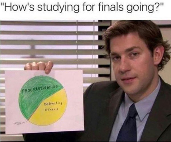 Meme for final exams:
"How's studying for finals going?"
Jim from the office is holding a pie chart that shows 55% procrastination, 45% distracting others. 

Citation: https://www.society19.com/relatable-finals-week-memes-to-get-you-through-your-exams/
