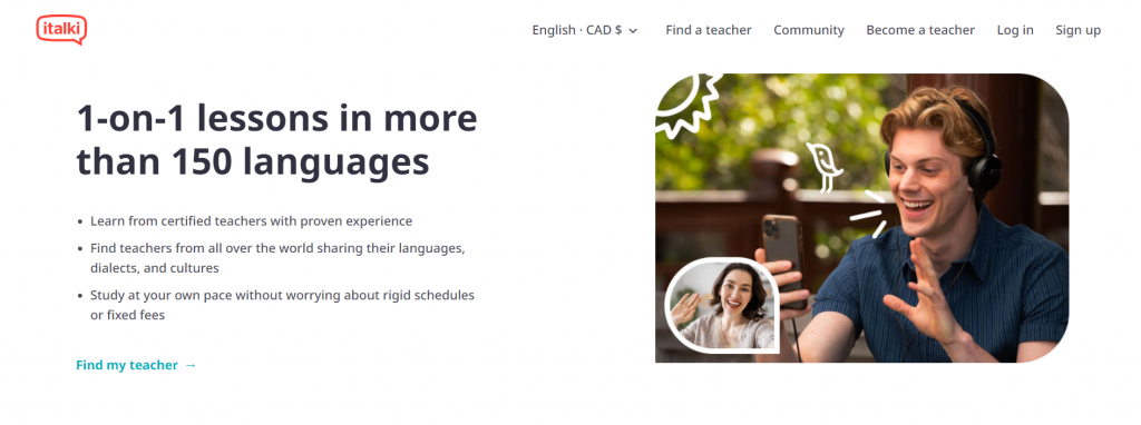 screenshot of language tutoring website