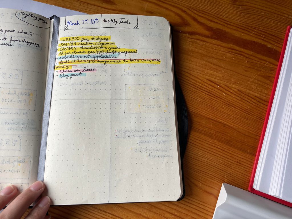 bullet journal with highlights and writing