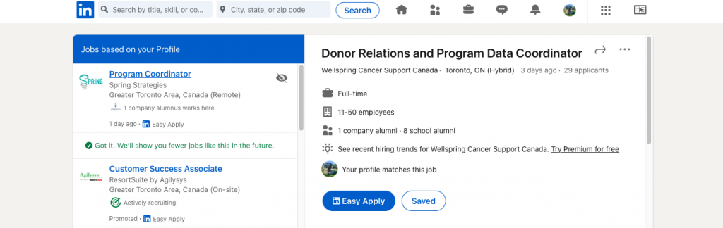 Screenshot of a job search on LinkedIn, showing a position listed for "Donor Relations and Program Data Coordinator" 