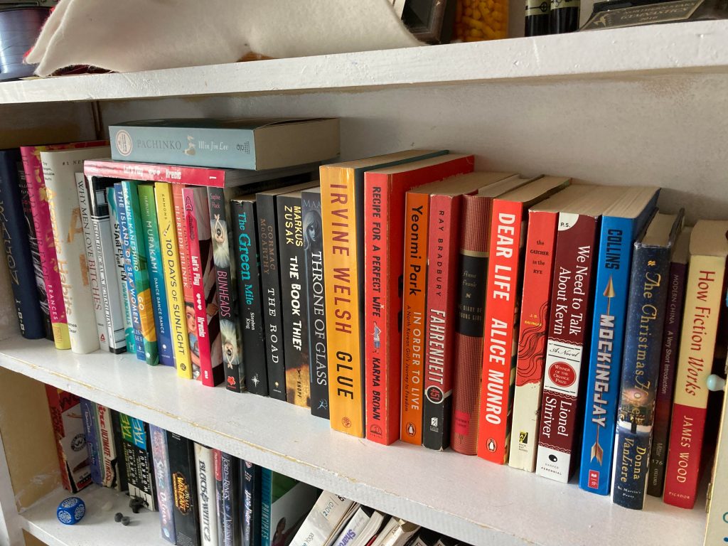 bookshelf of multi-coloured books