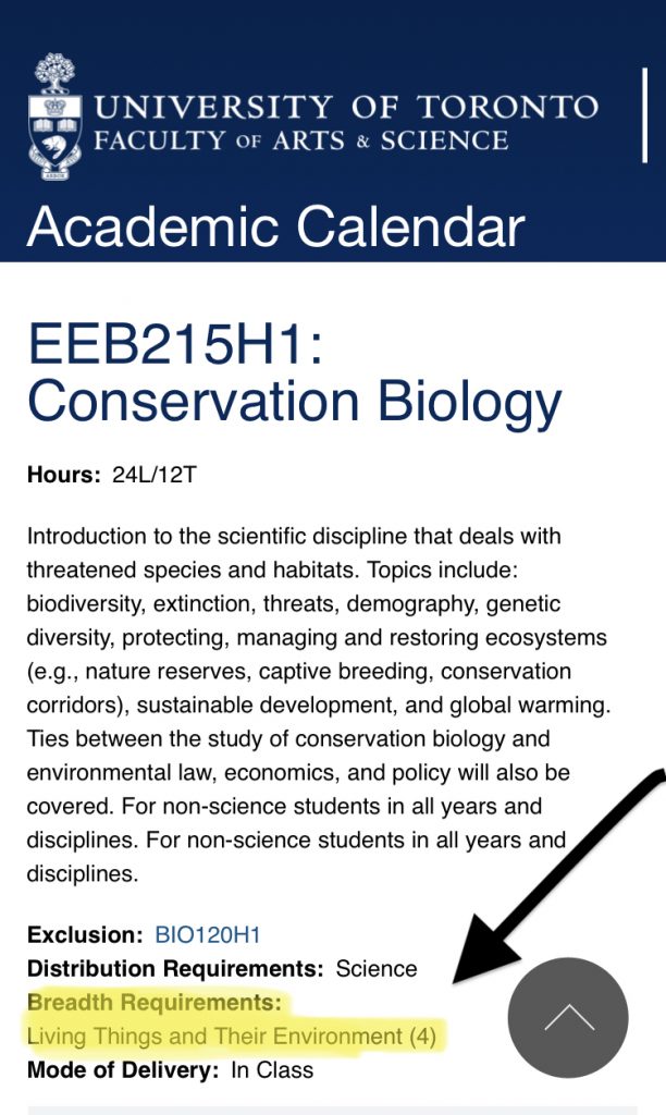 Screenshot from UofT Academic Calendar:
EEB215H1: Conservation Biology

Hours
24L/12T

Introduction to the scientific discipline that deals with threatened species and habitats. Topics include: biodiversity, extinction, threats, demography, genetic diversity, protecting, managing and restoring ecosystems (e.g., nature reserves, captive breeding, conservation corridors), sustainable development, and global warming. Ties between the study of conservation biology and environmental law, economics, and policy will also be covered. For non-science students in all years and disciplines. For non-science students in all years and disciplines.

Exclusion
BIO120H1
Distribution Requirements
Science
Breadth Requirements
Living Things and Their Environment (4)
Mode of Delivery
In Class