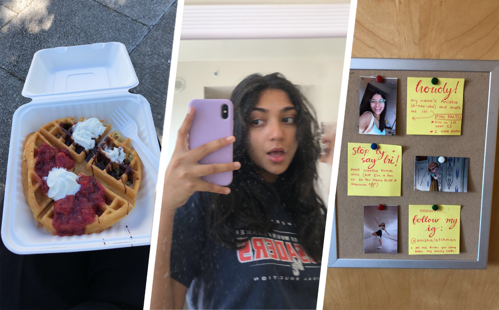 Anisha's typical breakfast, Anisha, and her dorm message board.