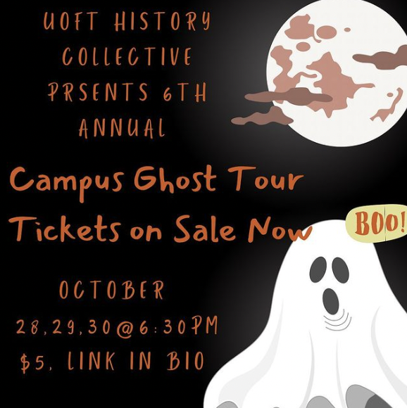 Graphic with images of a moon and a ghost. Text reads: UOFT History Collective Presents 6th Annual Campus Ghost Tour Tickets on Sale Now. October 28, 29, 30 at 6:30pm. $5 link in bio