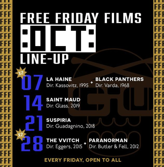 Graphic depicting the dates and titles of the Free Film Friday movies. 