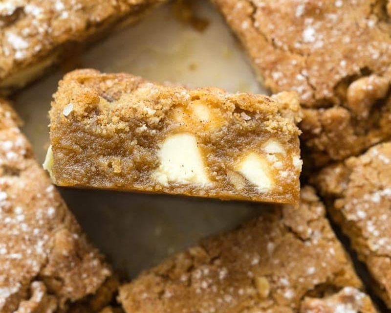 Gingerbread blondie cross-section picture. Looks moist and chewy. 
