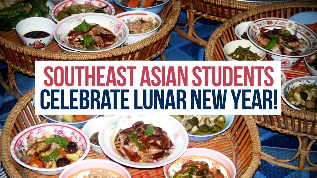 Bowls of Asian dishes on a circular table. [TEXT: Southeast Asian Students Celebrate Lunar New Year]