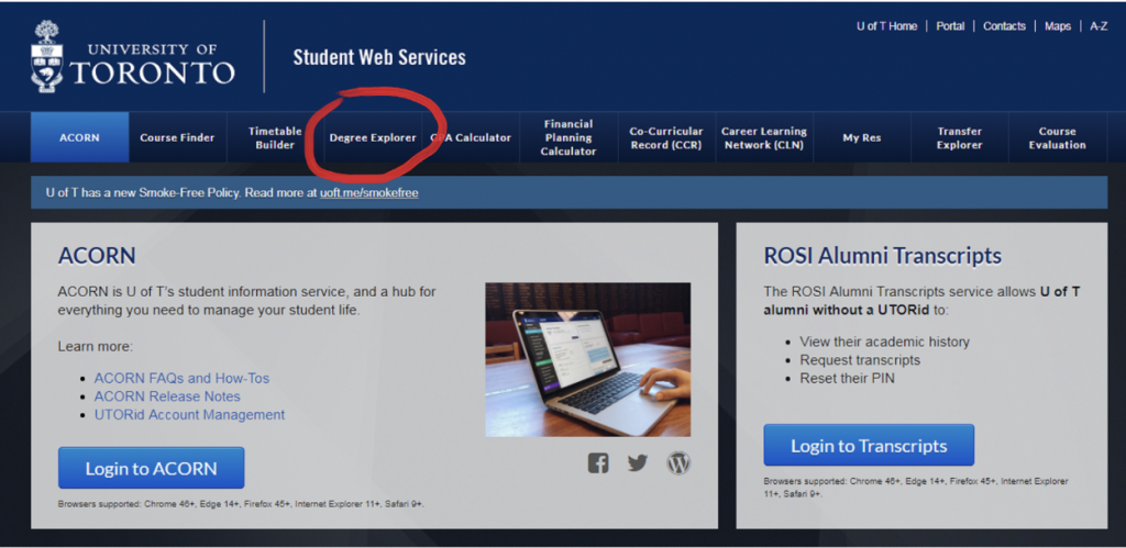 Screenshot of the U of T Student Web Services home page