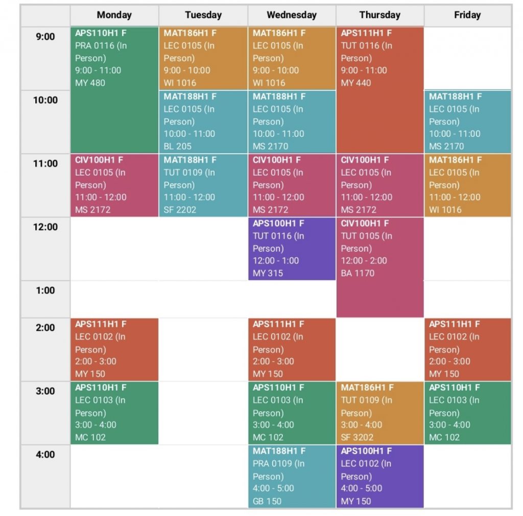 Piya's first-year timetable in Engineering.