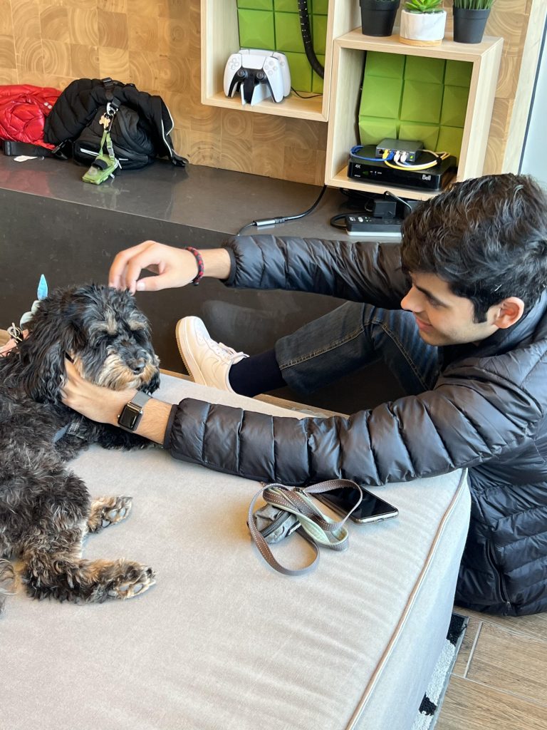 Photo of Yashvit petting a small dog