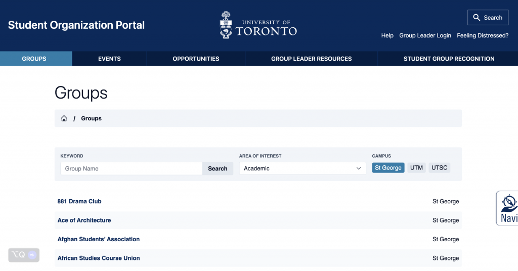 Screenshot of the University of Toronto Student Organization Portal Groups webpage